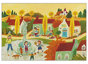 童画ポストカード、秋の公園