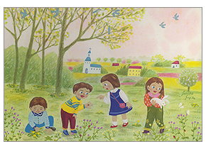 童画ポストカード、春のめぐみ
